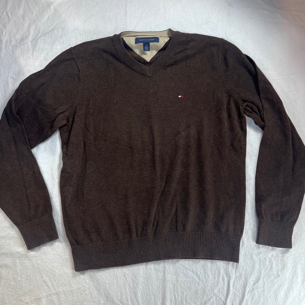 Tommy Hilfiger Brown V-Neck Cotton Sweater Women Medium Long Sleeve Logo